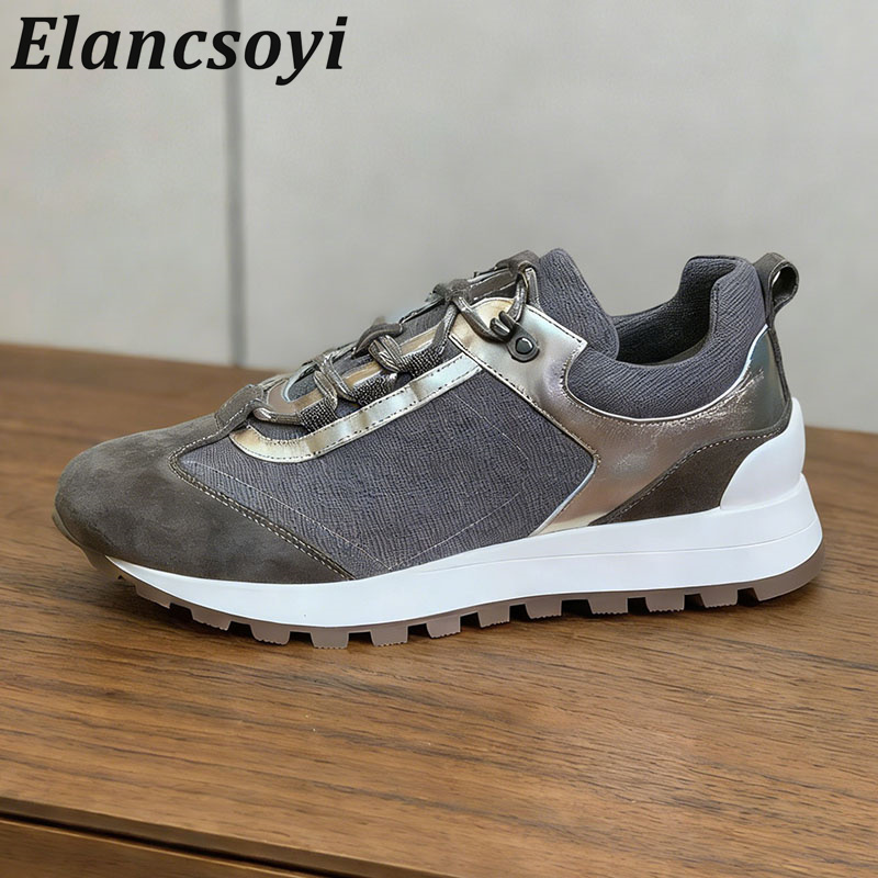 Knit Fabric Lace Up Sneakers - スニーカー女性レースアップストリングビーズ装飾フラット厚底ウォーキングシューズ春秋ニット牛革スエードパッチワークカジュアルシューズ