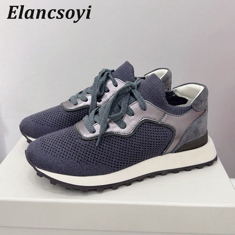 Knit Fabric Lace Up Sneakers - フラットシューズ女性ストリングビーズ編み通気性スニーカーラウンドトゥパッチワークカジュアルシューズ厚底レースアップランニングシューズ