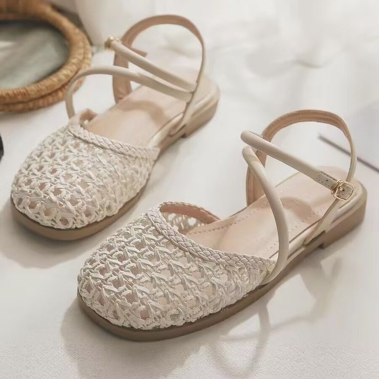 Sandals - 女性用フレンチスタイルクローズドトゥサンダル、夏用中空シングルストラップ、チャンキーヒール、大きいサイズ