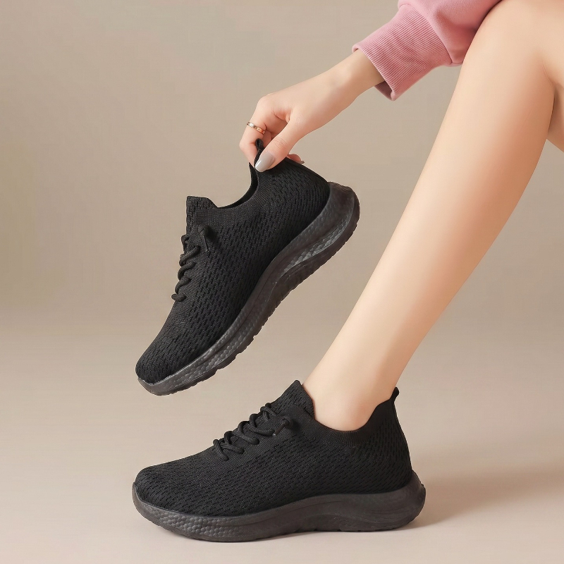 Knit Fabric Lace Up Sneakers - 夏の女性用通気性メッシュウォーキングシューズ、滑り止め付き軽量伸縮性靴紐、ソフトソールニットカジュアルスニーカー、日常の屋外活動に最適
