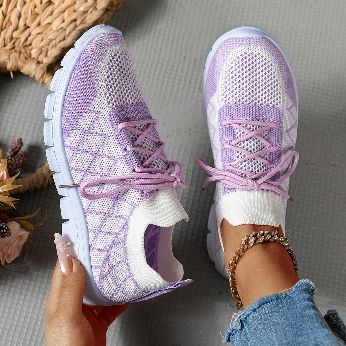Knit Fabric Lace Up Sneakers - 女性用ニットソックススニーカー、菱形パターン通気性軽量快適レースアップフラットシューズ、レディースデイリーカジュアルスポーツシューズ
