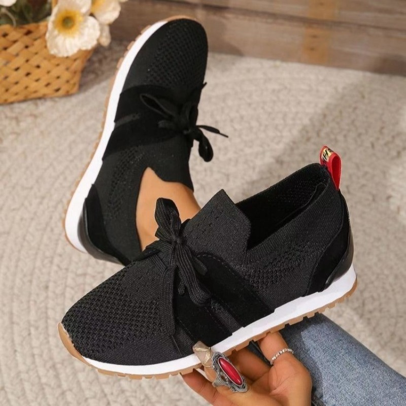 Knit Fabric Lace Up Sneakers - 新しい黒のニット素材の通気性のあるレディーススニーカーシューズ、新しいプラットフォームフラットシューズ、女性用プラスサイズ43、滑り止めカジュアルシューズ、メッシュテニスシューズ（女性用）