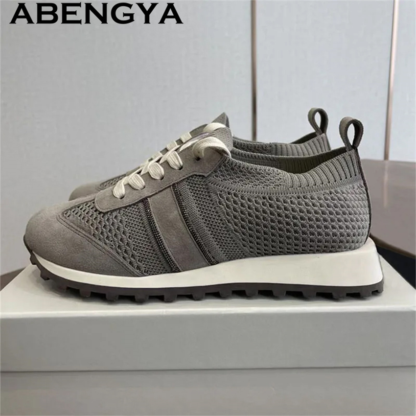 Knit Fabric Lace Up Sneakers - 2026年春ホットセール ニットレースアップカジュアルフラットシューズ レディース ラウンドトゥプラットフォームスニーカー 滑り止めローファー フラットシューズ
