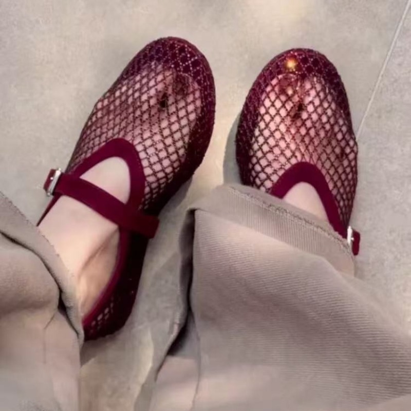 Sandals - 中空ラインストーンバオトウサンダル レディース 2026年新作 フィッシングネット通気性織りメリージェーンシングルシューズ