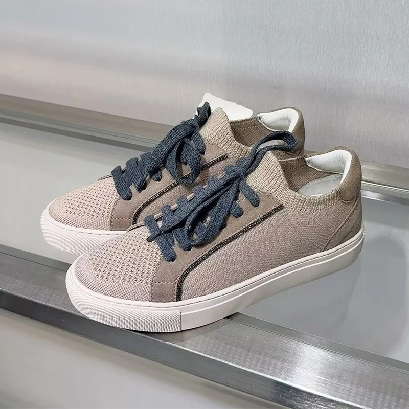 Knit Fabric Lace Up Sneakers - レディースニット通気性スニーカー 春秋 厚底 レースアップ カジュアルシューズ ラウンドトゥ
