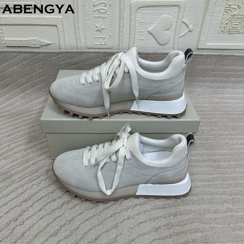 Knit Fabric Lace Up Sneakers - 2025年 ホワイト ニット スエード フラット ローファー