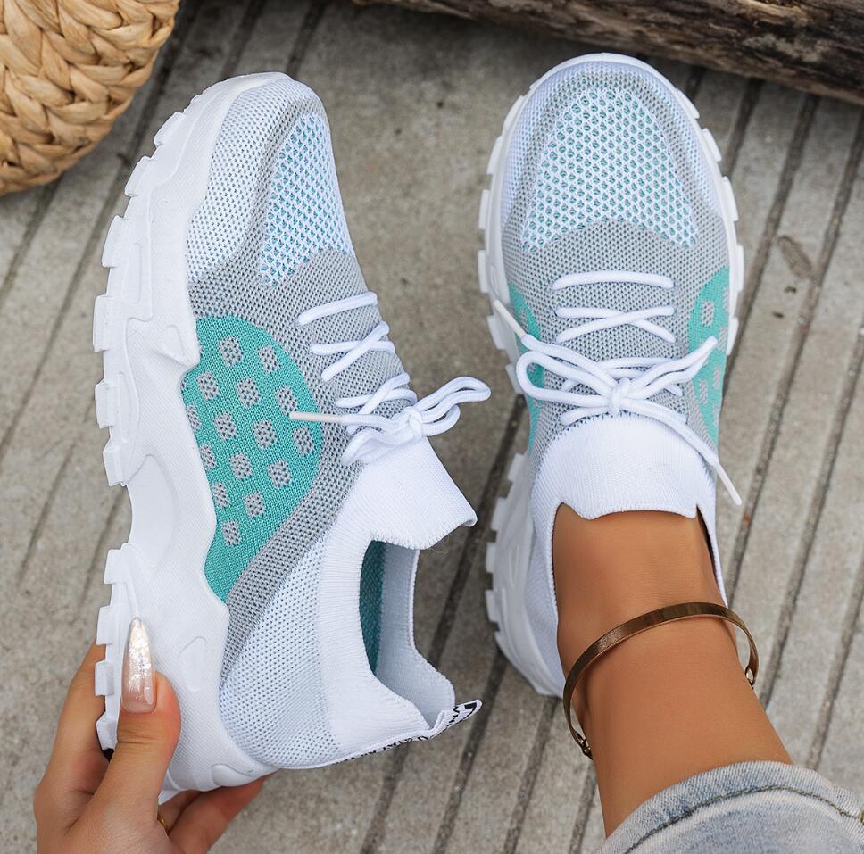 レディース通気性ニットメッシュスポーツシューズサマーカジュア - Knit Fabric Lace Up Sneakers のレビューと価格