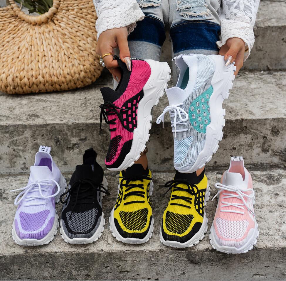 レディース通気性ニットメッシュスポーツシューズサマーカジュア - Knit Fabric Lace Up Sneakers のレビューと価格