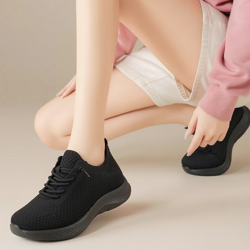 夏の女性用通気性メッシュウォーキングシューズ、滑り止め付き軽 - Knit Fabric Lace Up Sneakers のレビューと価格