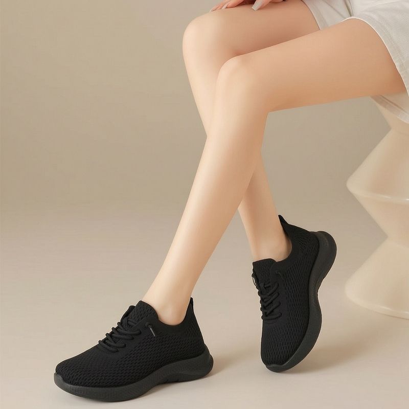 夏の女性用通気性メッシュウォーキングシューズ、滑り止め付き軽 - Knit Fabric Lace Up Sneakers のレビューと価格