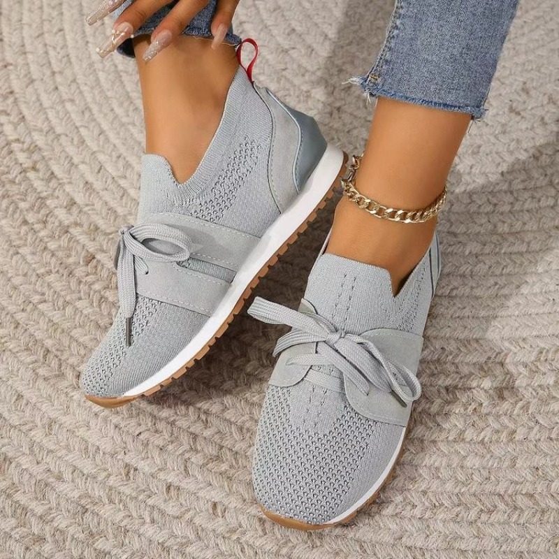 新しい黒のニット素材の通気性のあるレディーススニーカーシュー - Knit Fabric Lace Up Sneakers のレビューと価格
