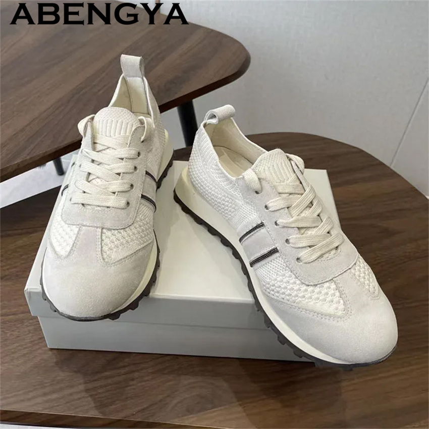 2026年春ホットセール ニットレースアップカジュアルフラッ - Knit Fabric Lace Up Sneakers のレビューと価格