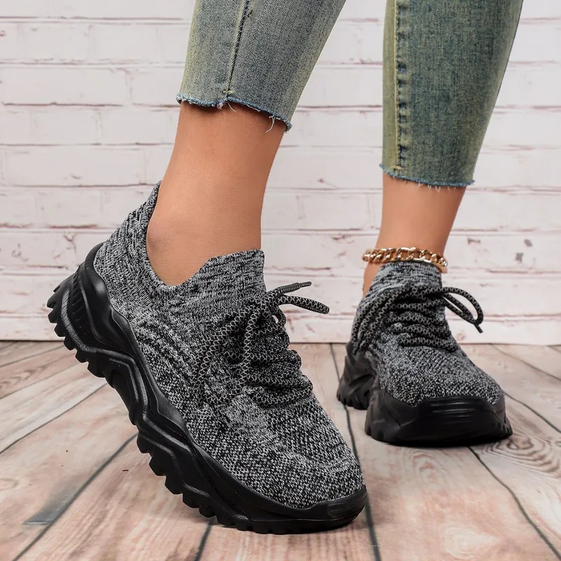 ファッションチャンキープラットフォームスニーカー、男女兼用、 - Knit Fabric Lace Up Sneakers のレビューと価格