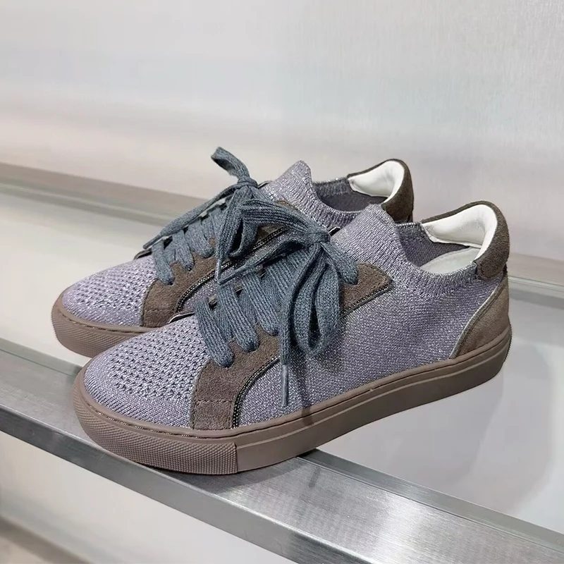 レディースニット通気性スニーカー 春秋 厚底 レースアップ  - Knit Fabric Lace Up Sneakers のレビューと価格
